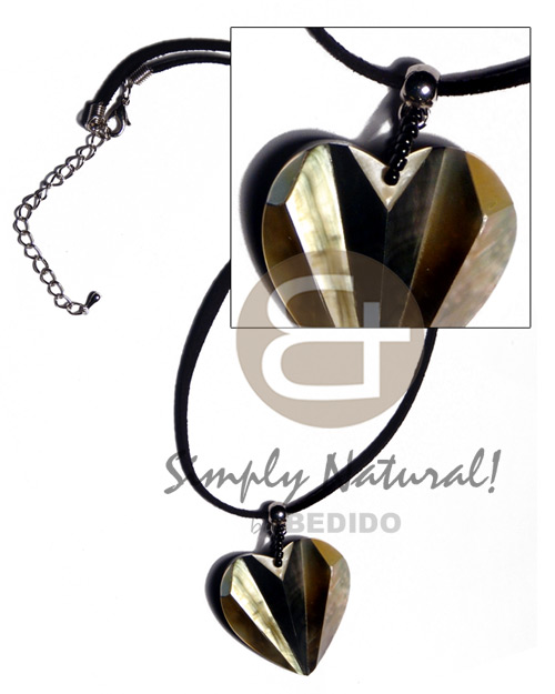 36mmx32mm laminated blacklip/MOP combination accordion heart pendant  resin backing in leather thong - Womens Necklace