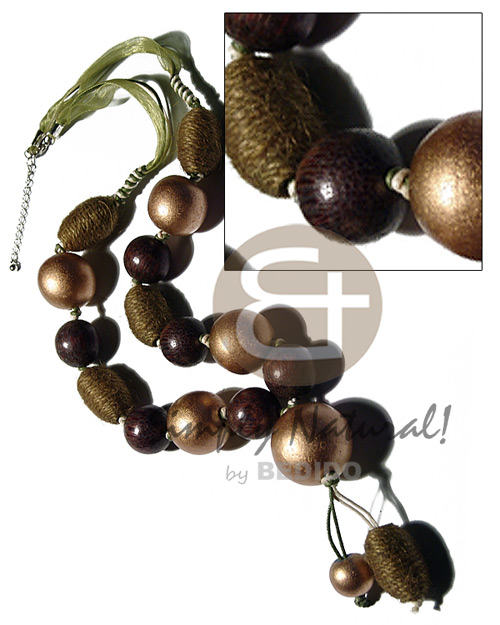 tassled round 30mm/25mm metallic gold wood beads  olive green wrappped wood beads and round robles 20mm wood beads - Womens Necklace
