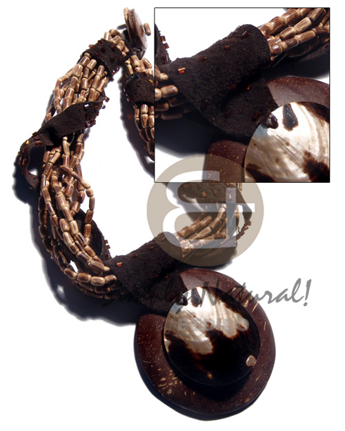 10 layers sig-id  brown suede accent/cut beads and 70mm round coco/ 50mm brownlip tiger pendant combination - Womens Necklace