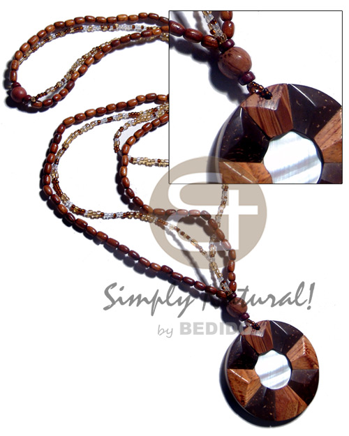 2 layers lacquered bayong ricebeads & glass beads combination   polished 50mm round coco/bayong combination wood  inlaid hammershell center pendant / 28 in. - Womens Necklace