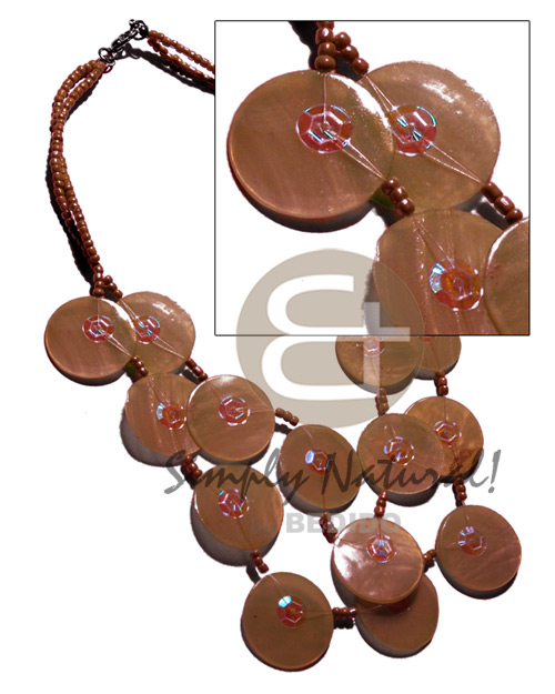 25mm light brown capiz shells in graduated layer 18"/16" ( 16 pcs.)  sequins accent and matching glass beads combination - Womens Necklace
