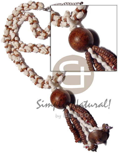 3 layers twisted and tassled nassa white, 4-5mm coco Pokalet  round 25mm robles wood beads accent / 18in. - Womens Necklace