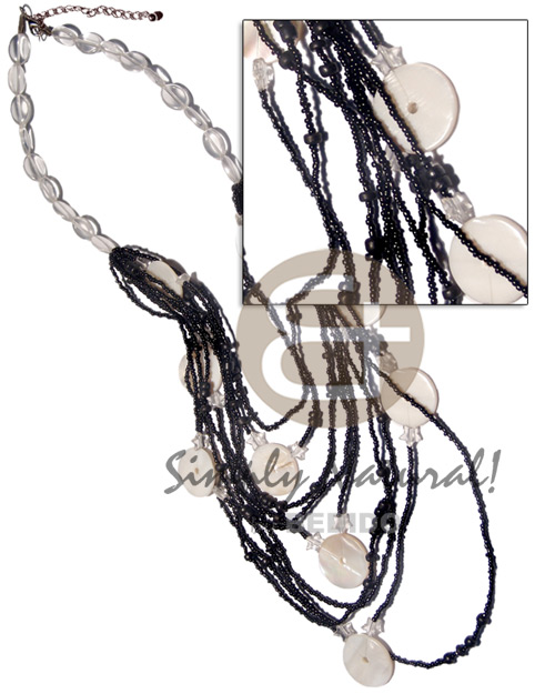 9  layers black glass beads in graduated layers  round 9 pcs.  25mm kabibe accent  / 32 in - Womens Necklace