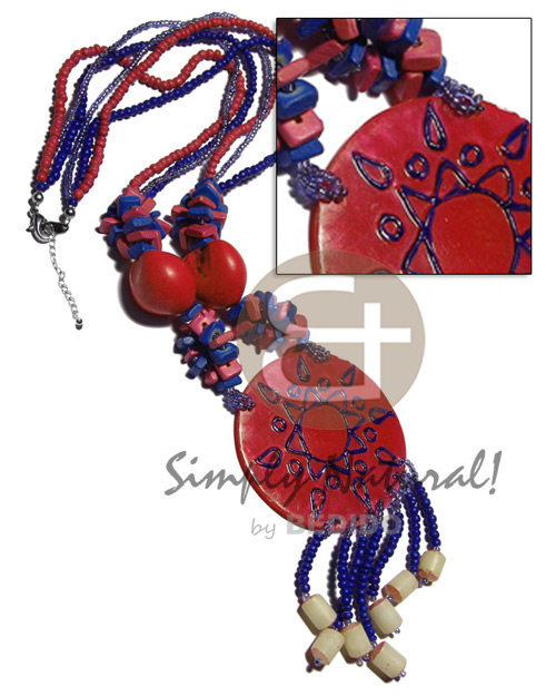 3 layers 2-3mm coco Pokalet  and glass beads  kukui nuts, coco squarecut and tassled buri seeds and 60mm hapdpainted and laminated 60mm capiz shell / red and navy blue tones  / 22in. - Womens Necklace