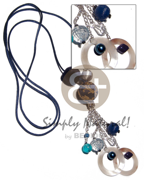 tassled navy blue satin cord  15mm,25mm and 20mm wrapped nat. wood beads and dangling metal chains  hammershell rings etc accent/ 26in plus 3in. tassles - Womens Necklace