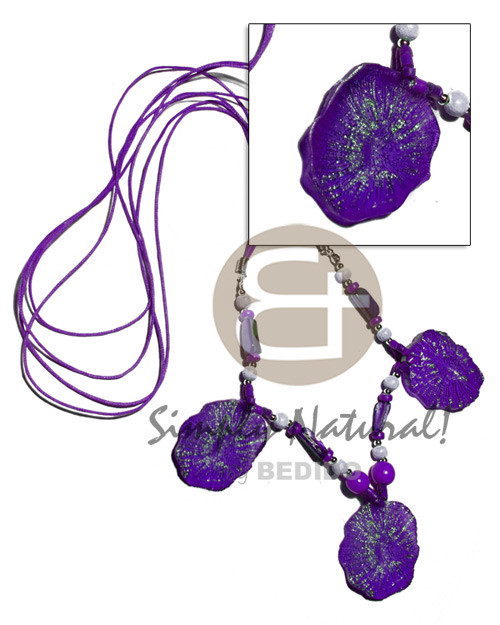 4 layers wax cord   2-3mm coco heishe, wood beads, shells nuggets, 40mmx35mm clam resin nugget   gold metallic dust / violet tones / 30 in - Womens Necklace