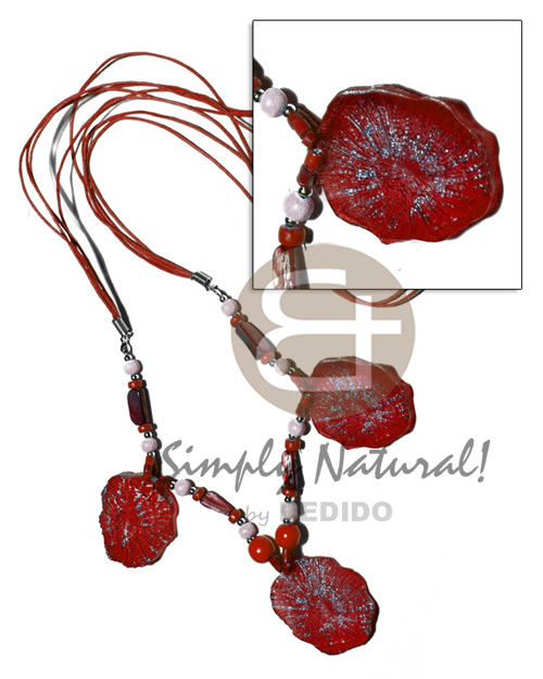 4 layers wax cord   2-3mm coco heishe, wood beads, shells nuggets, 40mmx35mm clam resin nugget   gold metallic dust / red tones / 30 in - Womens Necklace