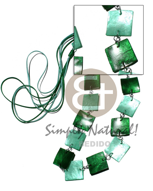 4 layers satin cord    single row 17 pcs. square 25mm laminated capiz in metal rings/  40in / in dark green and light green tones - Womens Necklace