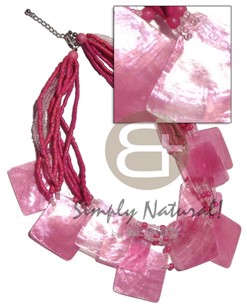 12 layers in 3 graduated rows of 2-3mm coco heishe & glass beads  11pcs. of 35mm laminated capiz / 14in/15in/16in / fuschia pink tones - Womens Necklace