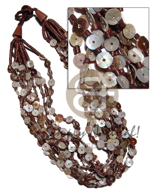 10 rows 8mm round greenshell chips  skin and 2-3mm coco heishe/wood beads in subdued brown tones - Womens Necklace
