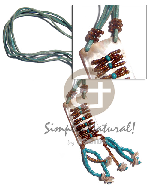 2 rows leather thong  45mmx25mm brownlip  stitched glass beads and 2-3mm coco heishe tassles/ dark cyan tones / 18in plus 1.5in tassles - Womens Necklace