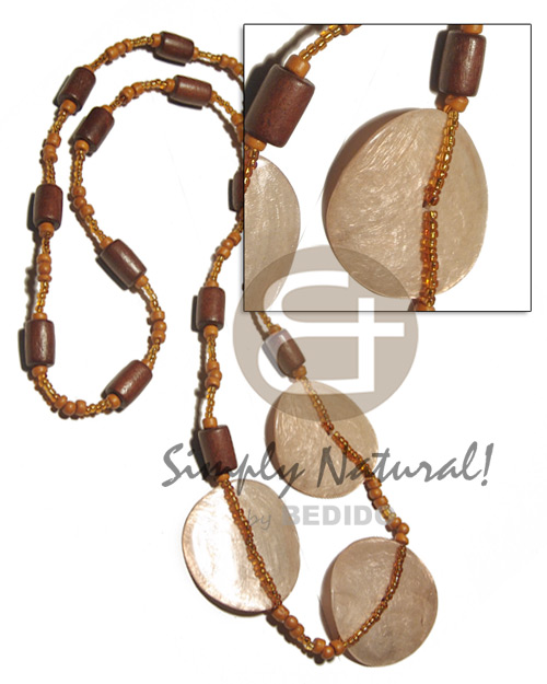 4-5mm chocolate coco Pokalet  nat. wood tube in brown combination, amber glass beads and 3 pcs. 45mm laminated capiz shells / 36in - Womens Necklace