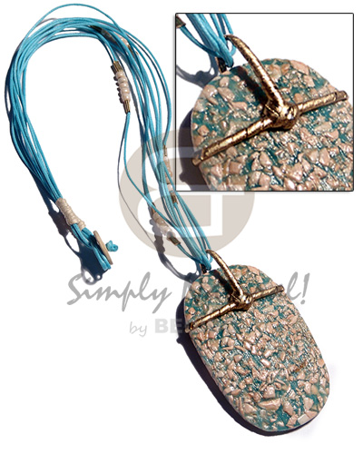 4 rows aqua blue wax cord  glass beads accent and 70mmx45mm textured resin  crushed stones and golden nito pendant holder / 22in - Womens Necklace