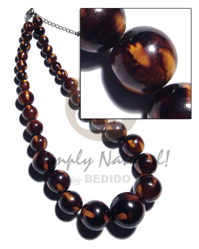 31 pcs. of  round wood beads graduated sizes- 30mm/25mm/20mm/15mm/10mm in high gloss polished paint / brown wood tone  yellow accent - Womens Necklace