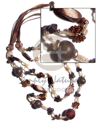 2 layers in graduated rows 34in/28in. bronze tone asstd. wood beads, wrapped and crystal  accent  golden cut and glass beads combination  gold coco Pokalet and star sequins accent in organza ribbon and wax cord combination neckline/ 34in - Womens Necklace