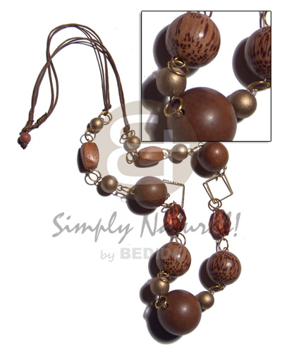 2 layers wax cord   asstd. round 25mm & 20mm wood beads, 10mm metallic gold wood beads  crystal  accent  metal findings and links / 30in - Womens Necklace