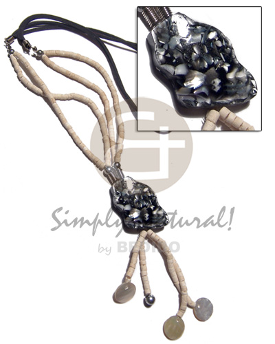 tassled shell chips in black resin  double row 2-3 coco heishe bleach and black leather thong combination / 24in. plus 2.5in tassles  shells - Womens Necklace