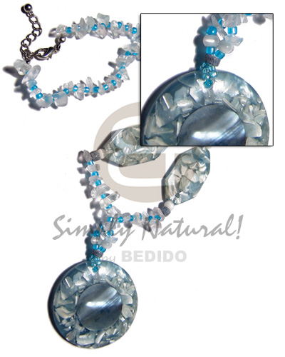 crystal nuggets  40mm shell chips laminated in resin pendant and hammershell accent / aqua blue tones /18in - Womens Necklace