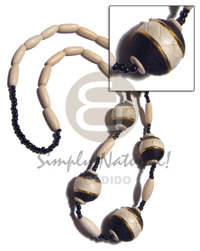 nat. white wood capsules  oval wood beads 25x18mm wraped in thread and banig combination / black and gold tones / 28in - Womens Necklace