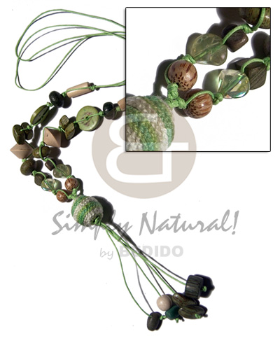 2 layers knotted wax cord  asstd.  wood beads and 20mm tassled wrapped wood beads / neon green and olive green tones / 28mm plus 3in. tassles - Womens Necklace