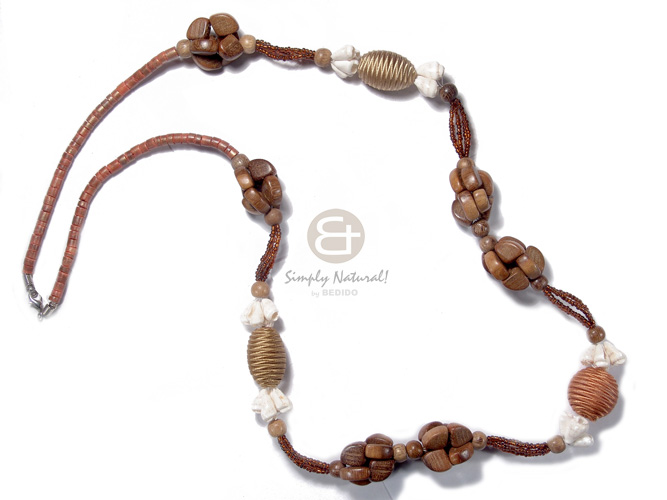 4-5mm coco heishe  robles wood and wrapped  25mmx15mm oval and 20mm round wood beads  white nassa ring accent / 32in - Womens Necklace