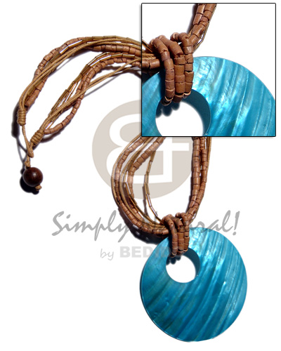 45mm round aqua blue kabibe shell pendant on 2 layers 2-3mm coco heishe/2layers wax cord/2layers cut glass beads in brown tones - Womens Necklace