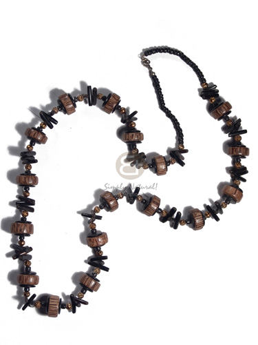 4-5mm coco Pokalet black, 20mmx8mm palmwood wheels  black coco sticks combination and gold balls accent / 32in - Womens Necklace
