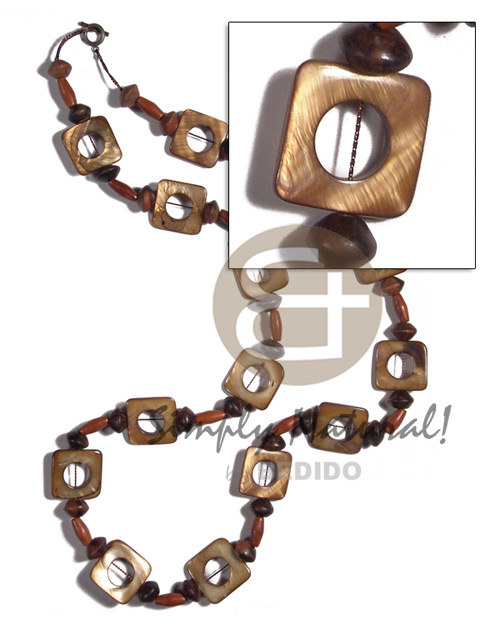 25mmx25mm square laminated golden amber kabibe shell ( 14 pcs.) in high gloss  wood beads accent / 34in - Womens Necklace