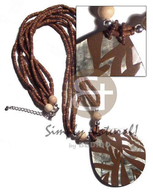 4 rows brown 2-3mm coco heishe  nat. wood beads accent and animal print painted 70mmx62mm blacklip teardrop / 26in - Womens Necklace