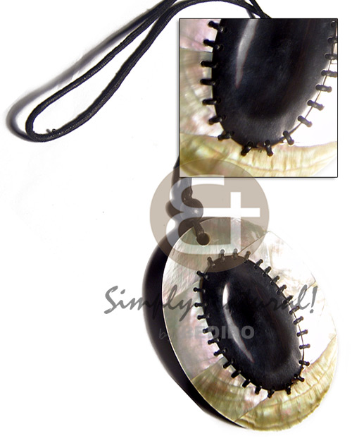110mmx80mm chunky oval MOP in 4 weaved layers   10mm black resin backing and center oval 70mmx40mm black tab shell in continuous 3mm black wax cord / 26in - Womens Necklace