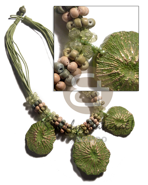 12 rows lime green wax cord  matching acrylic beads,wood bead rings and 3 pcs. dangling resin nuggets (48mmx50mm/40mmx38mm)  metallic god accent / 17 in - Womens Necklace