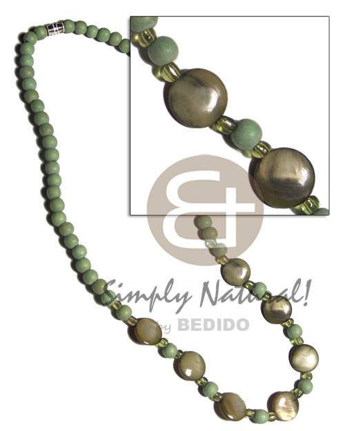 6mm light green wood beads  13mm laminated flat round kabibe shells in olive green tones / barrel lock / 18in - Womens Necklace