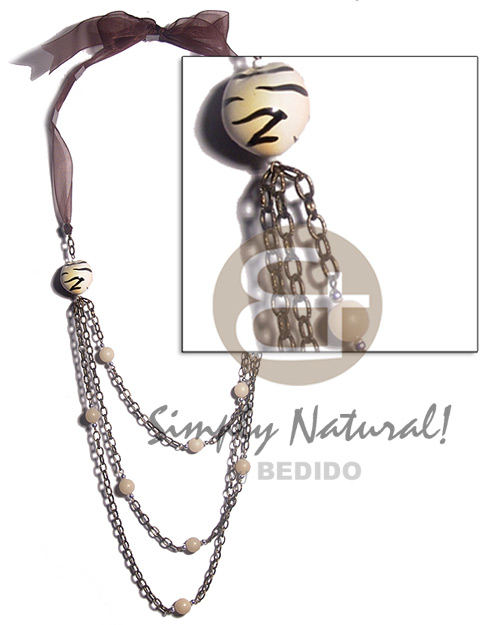 2pcs. tiger kukui nuts  buri tiger seeds in 3 graduated rows of metal chain and  organza ribbon / 36in - Womens Necklace