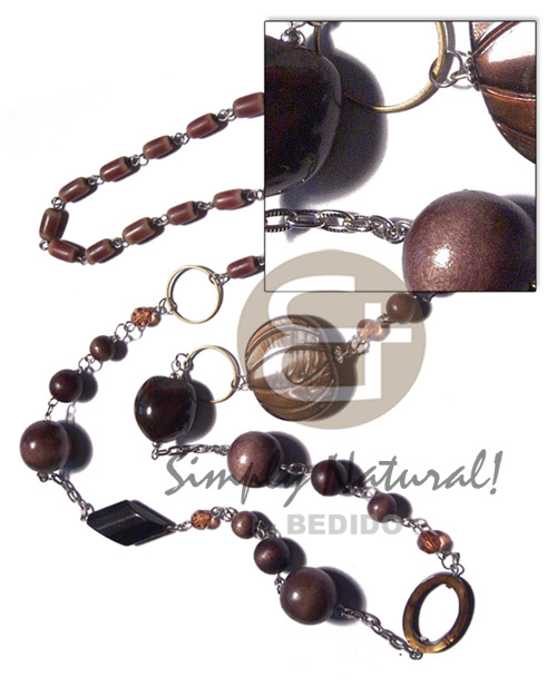 endless chain linked buri tube , round wood beads 18mm/12mm/8mm, brown kukui nuts and 35mmx30mm grooved laminated brown kabibe shell / 38in - Womens Necklace