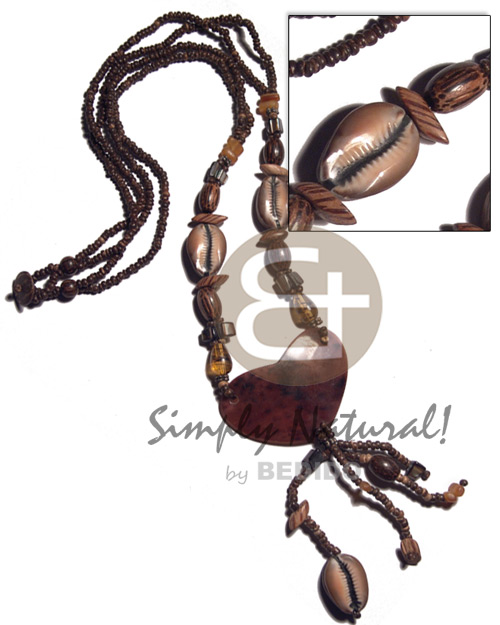 2 layers 2-3mm coco nat. brown  sigay shells. palmwood beads and resin beads accent  tassled 55mm  heart blacktab shell / 20in  coco stopper - Womens Necklace