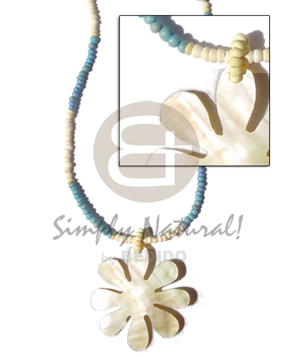 2-3mm coco pokalet pastel yelloblue/bleached  40mm MOP flower - Womens Necklace