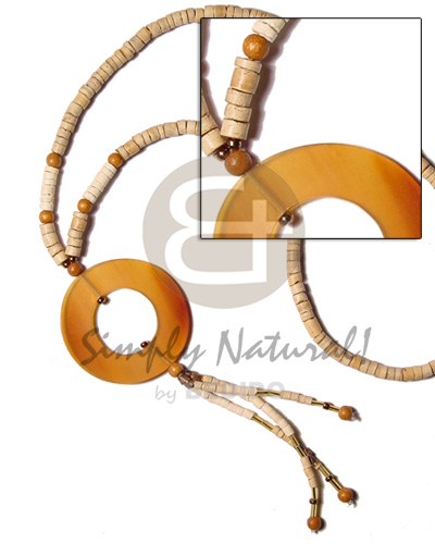 4-5 coco heishe nat/ wood beads/  horn amber disc and tassles - Womens Necklace