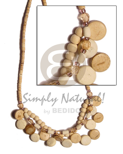 2-3 heishe tiger  dangling bleach wood beads/ sidedrill coco/acrylic crystals-ext. chain - Womens Necklace