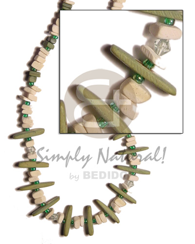 bleach  white and moss green sq. cut coco  matching coco stick and acrylic crystals - Womens Necklace