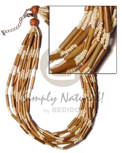 12 layer bamboo tube  cream glass beads and wood beads - Womens Necklace