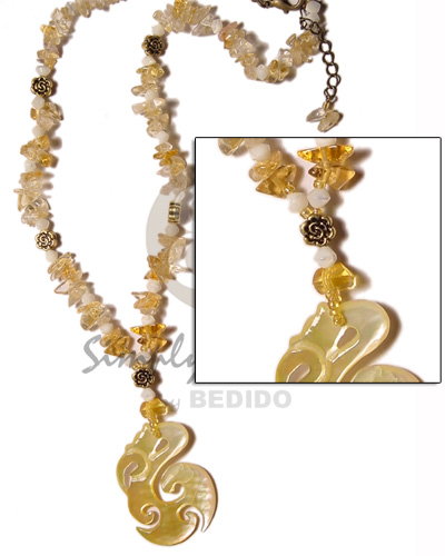 clear stone crystals in yellow gold tones  troca beads and 40mmx25mm celtic MOP pendant - Womens Necklace