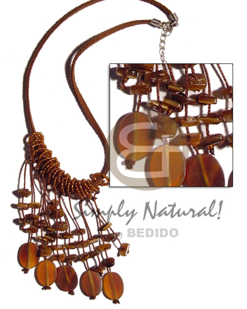 dangling oval horn amber on leather thong  glass beads & brownlip - Womens Necklace