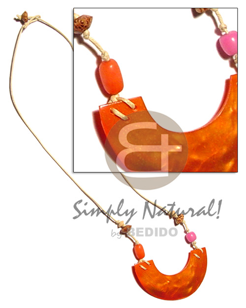 w=50mm orange hammershell pendant, palmwood & buri seeds in wax cord - Womens Necklace