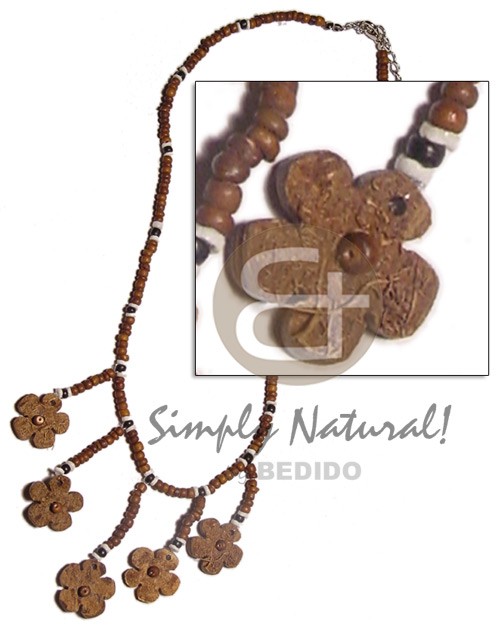 2-3mm coco Pokalet. nat. brown  dangling coco flowers - Womens Necklace