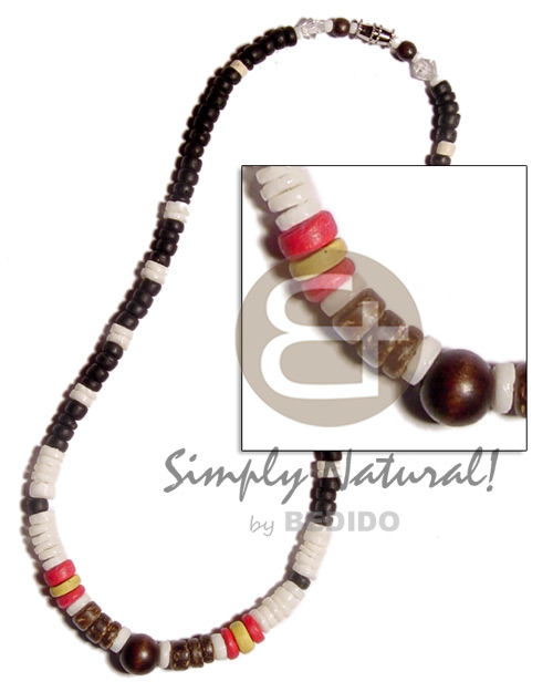 white clam heishe  black/red 4-5mm coco Pokalet. & wood beads combination - Womens Necklace