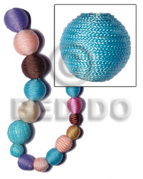 20mm natural white round wood beads wrapped in aqua blue tiny cord / price per piece - Wood Beads