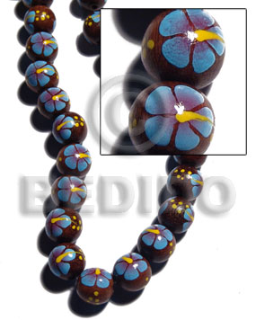 15mm robles round beads  handpainted back to back bright blue / yellow flower - Wood Beads