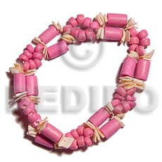 2 rows pink wood tube  matching 4-5mm coco Pokalet. & pink rose elastic bracelet - Wood Bracelets