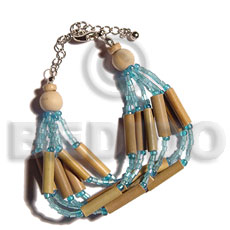 6 rows bamboo  aqua blue glass beads - Wood Bracelets