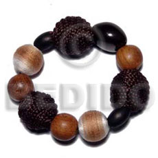 elastic bracelet  wrapped wood beads. bayong round wood and kukui nuts combination - Wood Bracelets